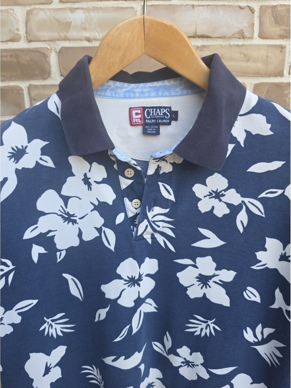 Vintage Chaps Ralph Lauren Polo Shirt Mens L Blue Floral Hibiscus 100% Cotton